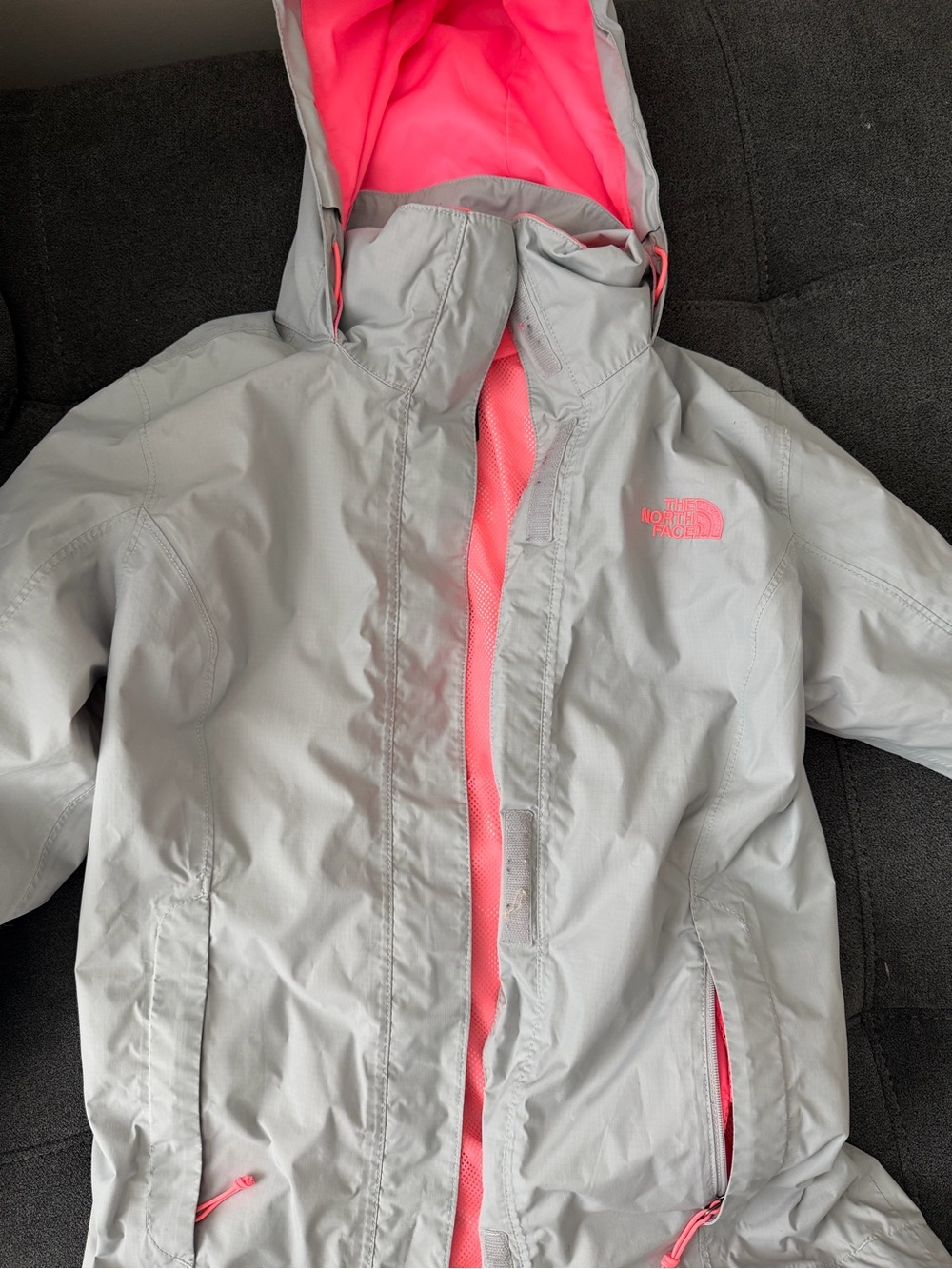The North Face Light Gray Kids Raincoat with Pink Lining